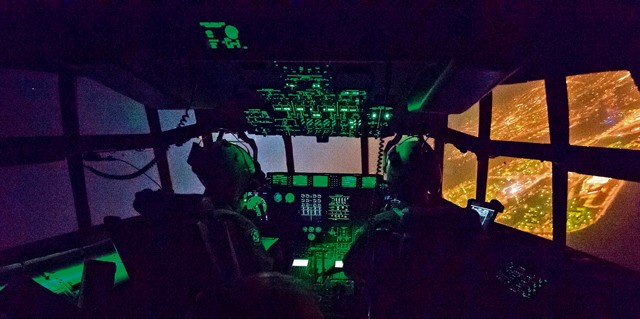 37th Airlift Squadron pilots fly a C-130J Super Hercules during Aviation Detachment 16-1 Oct. 30 above Powidz Air Base, Poland. The flying training deployment was a bilateral training opportunity with the Polish air force in support of Operation Atlantic Resolve. As part of the deployment, pilots and loadmasters from the 37th AS performed maneuvers, airdrops and unimproved runway landings at night.
