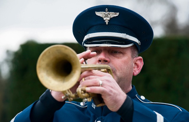 Master Sgt. David Dell, a member of the U.S. Air Forces in Europe Band, plays the trumpet during a Veterans Day event Nov. 11 at the Luxembourg American Military Cemetery in Luxembourg. The event hosted special guests and speakers in an effort to commemorate and honor members of the United States armed forces.