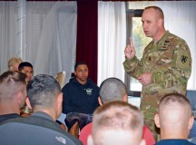 Command Sgt. Maj. Rodney Rhoades, 21st Theater Sustainment Command senior enlisted leader, addresses NCOs participating in the Soldier 360 course that was offered Nov. 9 to 13 at Armstrong's Club on Vogelweh. The Soldier 360 course aimed at empowering junior leaders with resiliency tools, covering topics including stress management, sleep improvement and family communications.