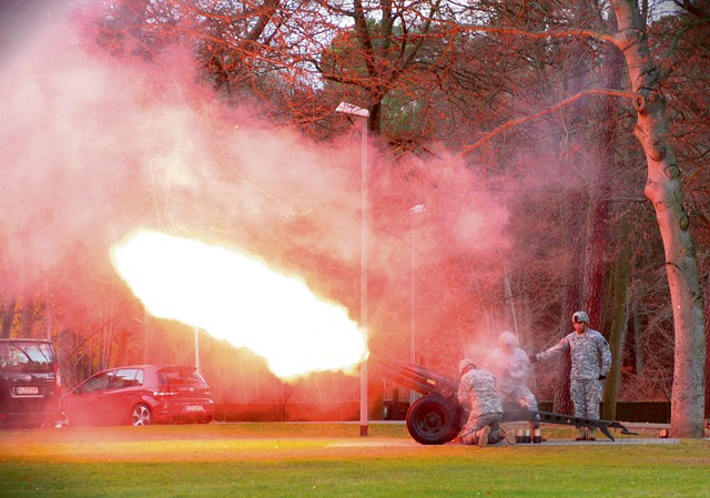 Soldiers from the 21st Special Troops Battalion fire a cannon during a Veterans Day observance and retreat ceremony Nov. 10 on Panzer Kaserne. The 21st Theater Sustainment Command held the ceremony to honor all who have served or are serving in defense of the U.S. and it's allies.