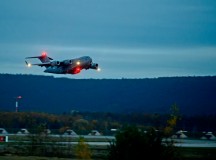 A C-17 Globemaster III carrying medical personnel from the 10th Expeditionary Aeromedical Evacuation Flight takes off Nov. 10 from Ramstein. The 10th EAEF is a mixture of active, reserve and guard Airmen deployed to Ramstein and constantly flying to war zones to retrieve patients needing higher levels of medical care.