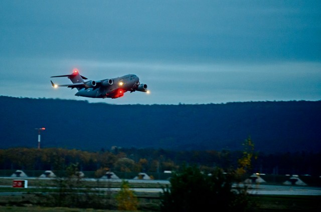 A C-17 Globemaster III carrying medical personnel from the 10th Expeditionary Aeromedical Evacuation Flight takes off Nov. 10 from Ramstein. The 10th EAEF is a mixture of active, reserve and guard Airmen deployed to Ramstein and constantly flying to war zones to retrieve patients needing higher levels of medical care.