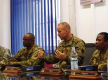 Command Sgt. Maj. Rodney Rhoades, 21st Theater Sustainment Command senior enlisted leader and president of the board (middle right), questions a candidate as fellow board members Master Sgt. Duane Held, 7th Mission Support Command (far left); Sgt. Maj. Daniel Hilton, TSC career counselor (middle left); and Sgt. Maj. Crecencia Jeter, TSC’s 1st Human Resources Sustainment Center, observe during the Retention NCO and Career Counselor of the Year competition board held in November at Panzer Kaserne. Board members asked an array of questions pertaining to general military topics, career-specific knowledge and leadership during the competition. The winners of the competition will represent TSC at a U.S. Army Europe competition scheduled for Dec. 14 to 16 in Wiesbaden, Germany.