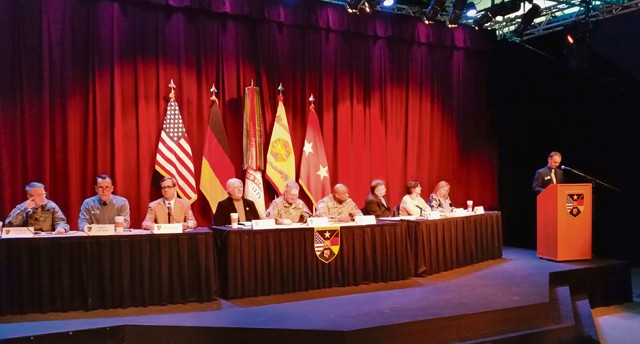 The U.S. Army Garrison Rheinland-Pfalz command team panel speaks at the Information Exchange Nov. 24 on Kleber Kaserne. The Dec. 18 panel will be reduced to four members to allow for more time for questions and answers from the community.