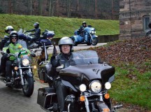 Leather-clad members of the Warrant Officers Association, Rheinland-Pfalz Silver Chapter, families and volunteers drive toward Landstuhl Dec. 5 during a "Toy Run for Kids." Around two dozen of Santa's "bad-boy" helpers, many of them active-duty warrant officers serving with the 21st Theater Sustainment Command, traded reindeer and sleighs for motorcycles, delivering a full truck-sized load of Christmas cargo as well as several hundred euro in cash donations for area children. Participants in the toy convoy rode from their rally point at the Kaiserslautern Military Community Center to the Kinderheim Saint Nikolaus Orphanage in Landstuhl.