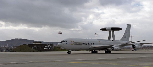 An E-3 Sentry airborne warning and control system aircraft assigned to the E-3A Component at NATO Air Base Geilenkirchen, Germany, taxis onto the Ramstein flightline Nov. 18. The NATO AWACS visited Ramstein in order to familiarize NATO Allied Air Command leadership with its capabilities, as the E-3A Component is scheduled to come under operational command of AIRCOM in fall 2016.