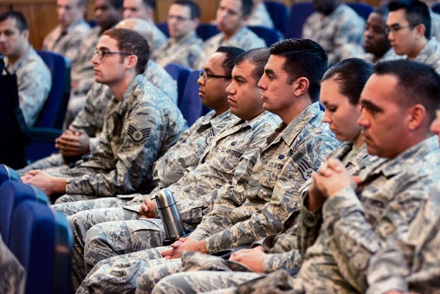 Courtesy photo Airmen from the 496th Air Base Squadron at Morón Air Base, Spain, listen to Air Force Chief of Staff Gen. Mark A. Welsh III and Chief Master Sgt. of the Air Force James A. Cody during an all-call Dec. 8.
