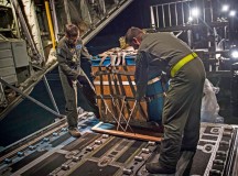 Photo by Staff Sgt. Sara Keller
Loadmasters from the 37th Airlift Squadron load water onto an 86th Airlift Wing C-130J Super Hercules Nov. 25 on Ramstein. The water was used to simulate supplies being airdropped during a training mission over Grafenwoehr, Germany.