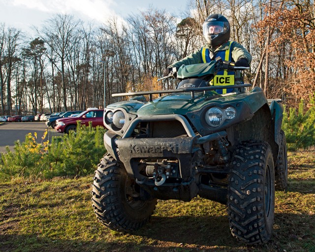 Senior Airman Devin Wilson, 86th Security Forces Squadron patrolman, sits on an all-terrain vehicle before beginning his patrol Dec. 9 on Ramstein. The 86th Airlift Wing Anti-terrorism Office works hand-in-hand with security forces to determine the measure of protection employed on base at any given time.