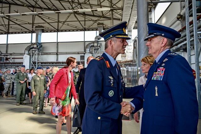 Photo by Senior Airman Nicole Sikorski  Lt. Gen. Timothy M. Ray, 3rd Air Force and 17th Expeditionary Air Force commander, greets wing commanders and German locals in a receiving line after a change of command ceremony  July 2, 2015, on Ramstein. At the ceremony, Ray accepted the guidon from Gen. Frank Gorenc, U.S. Air Forces in Europe and U.S. Air Forces Africa commander.