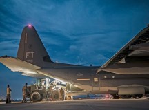 Photo by Airman 1st Class Cory Bush 
Airmen from the 435th Contingency Response Squadron unload cargo off an HC-130J Combat King II Sept. 28, 2015, at Diyarbakir Air Base, Turkey. All equipment and manpower was being used in support of a U.S. Air Forces Central Command support personnel recovery mission to strengthen the recovery capabilities in the region.