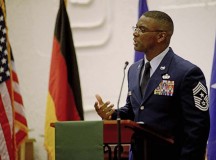 Chief Master Sgt. James Davis, U.S. Air Forces in Europe and Air Forces Africa command chief, speaks during a Martin Luther King Jr. observance ceremony Jan. 12 on Ramstein. As the guest speaker, Davis reflected on King’s dream of a better America as well as the importance of not being afraid to dream the “impossible.”