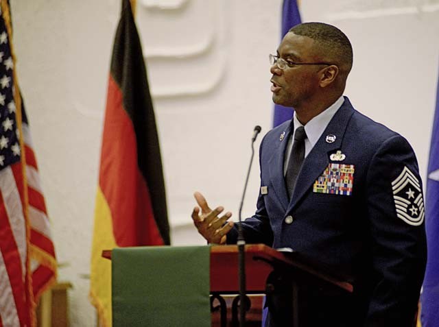 Chief Master Sgt. James Davis, U.S. Air Forces in Europe and Air Forces Africa command chief, speaks during a Martin Luther King Jr. observance ceremony Jan. 12 on Ramstein. As the guest speaker, Davis reflected on King’s dream of a better America as well as the importance of not being afraid to dream the “impossible.”