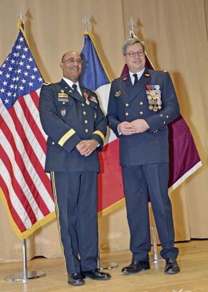 Brig. Gen. Norvell V. Coots, Regional Health Command Europe commander (left), and Maj. Gen. Patrick Godart, French Defense Medical Services deputy surgeon general, pose for photos after Coots received the French Legion of Honor from Godart Jan. 7 at Landstuhl Regional Medical Center. The Legion of Honor is France’s highest award and was presented to Coots for his support of France and the French military medical services.