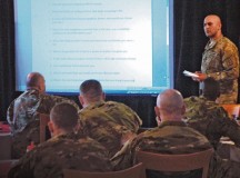 A sergeant major shares a personal insight with fellow leaders during the icebreaker event at the 2016 21st Theater Sustainment Command senior enlisted leaders seminar. Thirty leaders participated in the two-day conference where they discussed ideas and challenges related to leadership in the Army.