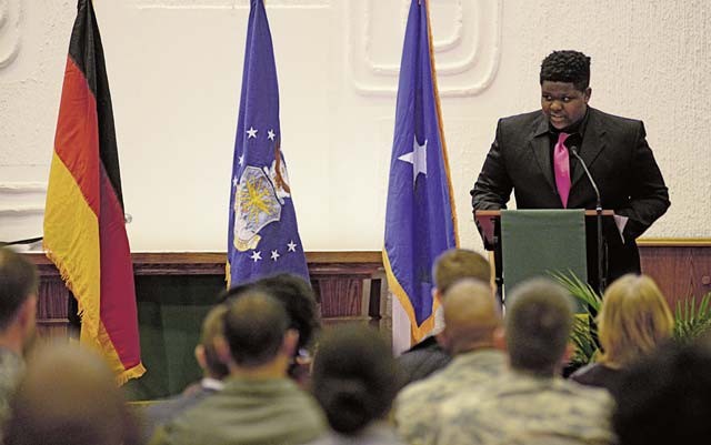 Solomon Udo-Aka, a Ramstein High School freshman, presents his first-place winning oratorical speech during a Martin Luther King Jr. observance ceremony Jan. 12 on Ramstein. Udo-Aka’s speech focused on King’s life and work as an inspiration and servant to others.