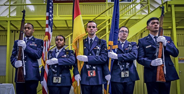 Photo by Senior Airman Nicole Sikorski Members of the base honor guard present the colors during their graduation ceremony  Jan. 30, 2015, on Ramstein. The base honor guard holds strong to tradition and ceremony and represents some of the Air Force's most professional and polished Airmen.