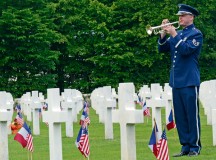 Photo by Airman 1st Class Tryphena Mayhugh
A bugler from the U.S. Air Forces in Europe Band plays taps during a Memorial Day ceremony May 24, 2015, at St. Mihiel American Cemetery in Thiaucourt, France. More than 4,100 U.S. military members from World War I are buried in the cemetery where local community leaders gathered with U.S. Air Forces in Europe service members to honor the fallen to commemorate Memorial Day.