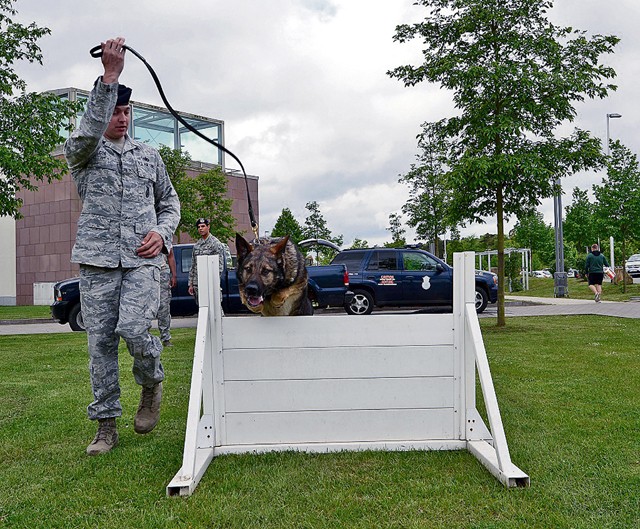 Photo by Airman 1st Class Tryphena Mayhugh Staff Sgt. Chad Coe, 86th Security Forces Squadron military working dog handler, leads Charone, 86th SFS MWD, over a hurdle as part of a MWD demonstration May 9, 2015, on Ramstein. The demonstration was part of a display held at the Kaiserslautern Military Community Center in honor of National Police Week.