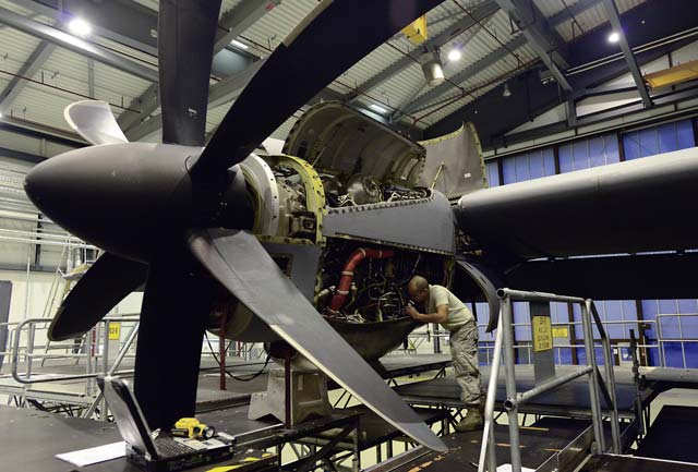 Staff Sgt. Jonathan Deguzman, 86th Maintenance Squadron aerospace propulsion journeyman, inspects an engine on a C-130J Super Hercules Jan. 7 on Ramstein. Deguzman and other Airmen from the 86th MXS isochronal inspection section performed a C-2 ISO inspection on the aircraft.