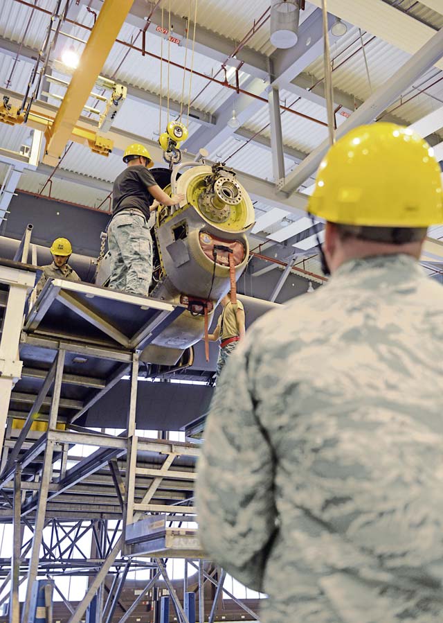 Aerospace propulsion Airmen from the 86th Maintenance Squadron remove an engine from a C-130J Super Hercules during an isochronal inspection Jan. 15 on Ramstein. The aircraft was in a C-2 ISO inspection, which is the most in-depth maintenance inspection. 