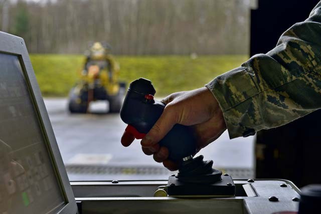 A technician from the 786th Civil Engineer Squadron Explosive Ordnance Disposal prepares the All-Purpose Remote Transport System to begin testing Jan. 28 on Ramstein. The ARTS was tested on how it would perform in locating and picking up explosive hazards while the Airmen controlled it from a safe distance.