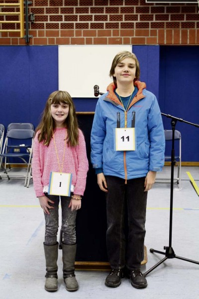 Sarah Stark, sixth-grade student in Imara Marti's class (left), and Ian Deaton, seventh-grade student in Gariann Wrenchey' s class, pose for a photo after recently competing in the Landstuhl Elementary Middle School spelling bee competition. Starting with 32 students, the competition went fairly quick with Deaton taking first place and Stark coming in as the runner up. Deaton will continue on to compete in the European Parent Teacher Association Spelling Bee competition Feb. 27.