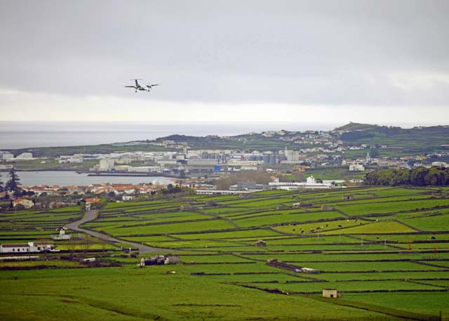 A commercial aircraft lands Feb. 7 on Lajes Field, Azores, Portugal. The flightline at Lajes Field is operated by the 65th Air Base Group and shared by the local airport for all passengers coming to the island.
