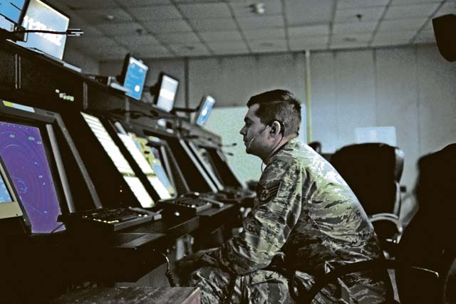 Staff Sgt. Brandon Bantau, 65th Operations Support Squadron air traffic control watch supervisor, monitors a radar approach control screen for incoming aircraft Feb. 7 on Lajes Field, Azores, Portugal.