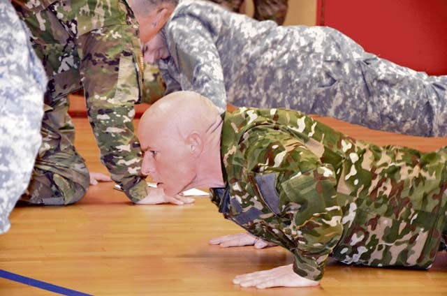 Photo by Command Sgt. Maj. Franjo Cesar Slovenian army Sgt. L. Zagorsek performs pushups while American Soldiers grade him in the Army Physical Fitness Test event at this year’s 16th Sustainment Brigade Best Warrior Competition March 7 at Baumholder. Soldiers from the 16th Sustainment Brigade and the Slovenian Armed Forces Logistics Brigade competed from March 7 to 11. The competition tested the aptitudes of Soldiers in events to determine the group's top Soldier, NCO and officer in 2016 and was the second test between the two nations. Last year, the Americans sent a squad to Slovenia for the competition, and this year, three Slovenians came to Baumholder to compete. 