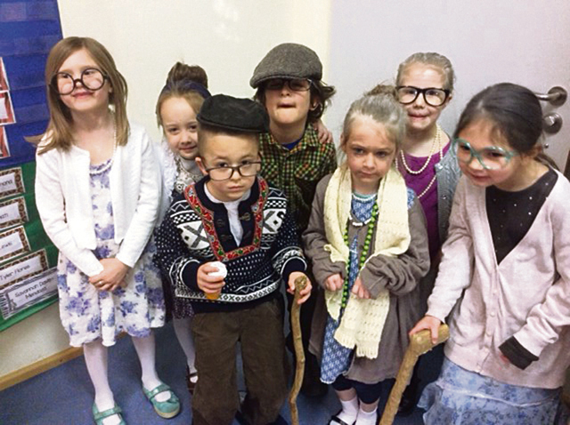 Students in Mrs. Tovar’s class dress as 100 year olds to celebrate the 100th day of school.