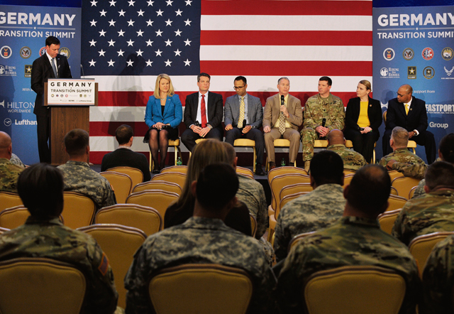 Key speakers talk about their organizations, what they offer, and answer questions during a Hiring Our Heroes Kaiserslautern Military Community Transition Summit March 10 on Vogelweh. 