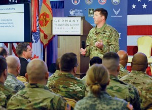 Lt. Col. Mark Sherkey, Northeast U.S. and Europe U.S. Army Soldier For Life regional director, talks during a Hiring Our Heroes Kaiserslautern Military Community Transition Summit March 10 on Vogelweh. Leaders spoke during the summit to empower transitioning service members to take control of their futures and make informed decisions.