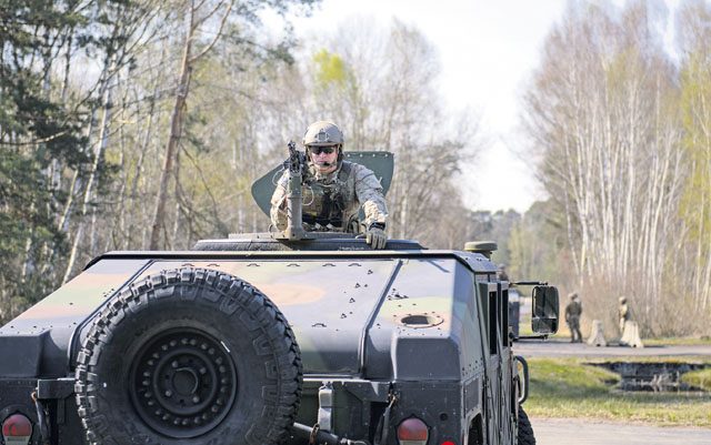 A 435th Security Forces Squadron member trains with his group April 11 on Ramstein. The 435th SFS and members of the 435th Contingency Response Group practiced tactics needed to deploy in preparation for a future mission.