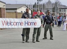 76th Airlift Squadron Airmen and family members welcome redeployers back from Afghanistan March 15 on Ramstein. Ten Airmen from the 76th AS were deployed for nearly three months.
