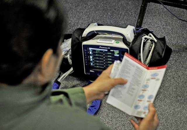 Capt. Stefhanie Jimenez, 86th Aeromedical Evacuation Squadron flight nurse, checks a simulated patient’s vitals during a training exercise May 12 on Ramstein. The nurses and technicians work tirelessly between training and real-world missions to keep their knowledge and skills current at all times.