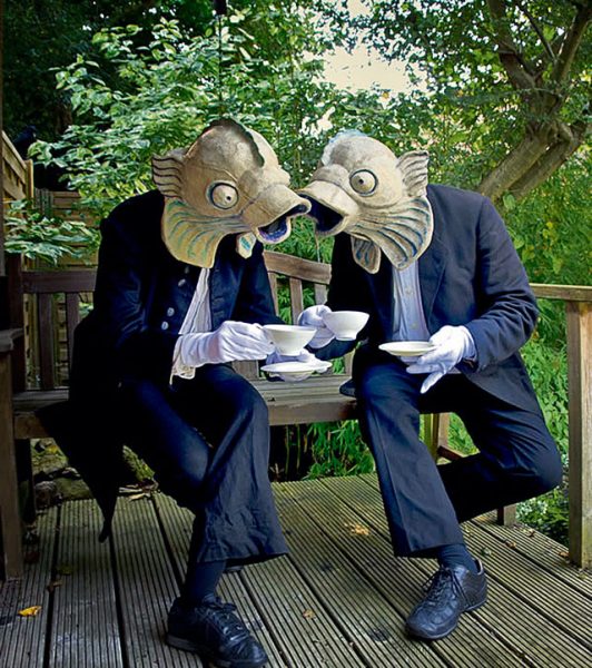 Humans with fish heads entertain the audience in the streets of Zweibruecken during the street-theater spectacle Saturday and Sunday.