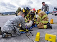 First responders prepare a simulated casualty for transport during Wing Thunder April 26 on Ramstein. Wing Thunder was an inspection to evaluate the operational readiness and response of Team Ramstein.