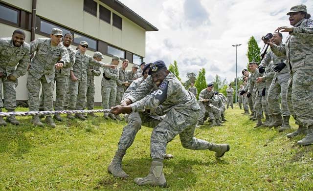 Members of the 569th U.S. Forces Police Squadron participate in tug of war during the Battle of the Badges competition May 19 on Ramstein. Airmen and Soldiers participated in multiple events to determine the best local police unit. After hours of competition, the 435th Security Forces Squadron was declared the winner.