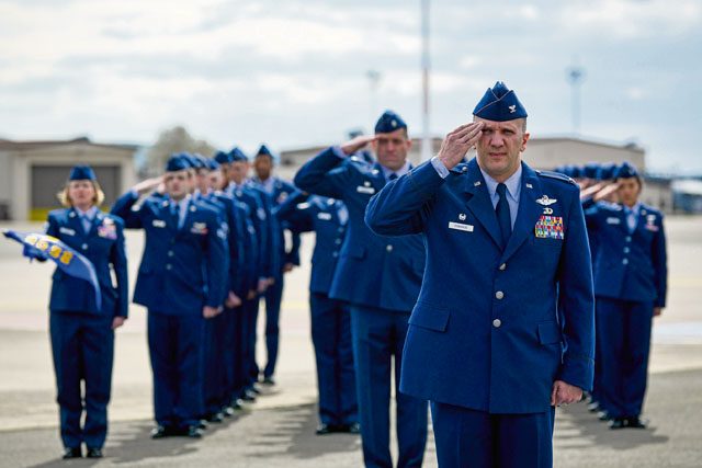 Col. Gerald A. Donohue, 86th Operations Group commander, stands at the front of a formation April 29 on Ramstein. Airmen from the 86th OG gathered for a retreat and remembrance ceremony to recognize the Implementation Force 21 crew from the 76th Airlift Squadron who paid the ultimate sacrifice 20 years ago when their aircraft was lost during an approach into Dubrovnik, Croatia.