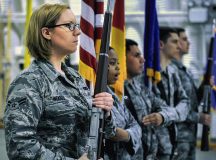 Airman 1st Class Kara Woods, 86th Communications Squadron postal specialist (left), practices with fellow Ramstein Honor Guard members March 31 on Ramstein. Woods has been a member of the base Honor Guard since January and has learned honor, discipline and precision.