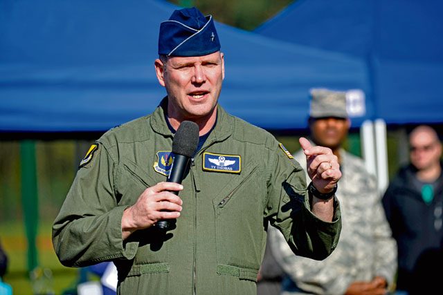 Brig. Gen. Jon T. Thomas, 86th Airlift Wing commander, gives opening comments before the Courage, Leadership, Education, Advocate and Respect course April 29 on Vogelweh. The CLEAR challenge is an annual obstacle course designed to symbolize the effects of sexual assault and alcohol abuse. During the course participants wore “drunk goggles” to show them how dangerous functioning under the influence of alcohol can be and how it can impair decisions.
