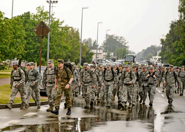 Members of the KMC march during the first Chief Master Sgt. Paul Airey Memorial Ruck-Run May 27 on Ramstein. The ruck-run was completed by more than 300 participants in remembrance of the march Airey completed as a prisoner of war.