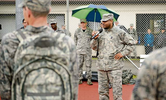 Chief Master Sgt. Phillip Easton, 86th Airlift Wing command chief, speaks at a memorial run  May 27 on Ramstein. Easton and the Ramstein Area Chiefs Group hosted the first Chief Master Sgt. Paul Airey Memorial Ruck-Run to commemorate the march Airey completed during his time as a prisoner of war.