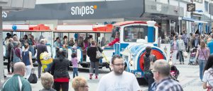 A kiddie train takes children through the center of Kaiserslautern for free during children's fest on Saturday.