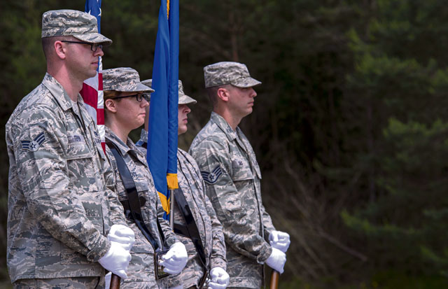 Graduates from the Air Education and Training Command’s Class 5 Basic Protocol, Honors and Ceremonies Course post the colors in a demonstration of a funeral ceremony during their graduation ceremony June 9 on Ramstein. Members of the Air Force Honor Guard mobile training team taught the course for honor guard Airmen across U.S. Air Forces in Europe. 