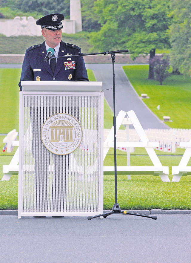 Brig. Gen. Jon Thomas, 86th Airlift Wing commander, delivers a speech during a Memorial Day ceremony May 29 at Lorraine American Cemetery and Memorial in St. Avold, France.