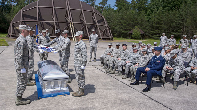 Graduates from the Air Education and Training Command’s Class 5 Basic Protocol, Honors and Ceremonies Course participate in a funeral ceremony demonstration during their graduation ceremony June 9 on Ramstein. The course emphasized the importance of military customs and courtesies, dress and appearance, and drill and ceremony.