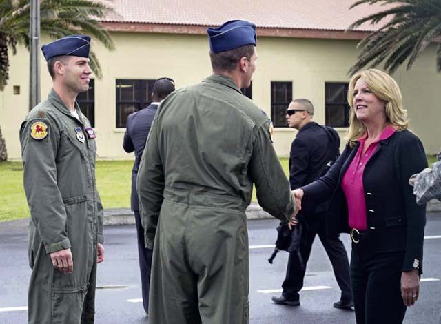 Photo by Senior Airman Ryan Mathews  Secretary of the Air Force Deborah Lee James is greeted by Lt. Col. Robert Lee, 65th Operations Support Squadron commander, July 11, 2016, at Lajes Field, Azores, Portugal. James is the 23rd Secretary of the Air Force and was appointed to the position Dec. 20, 2013. She is responsible for the affairs of the Department of the Air Force, including organizing, training, equipping and providing for the welfare for its Guard, Reserve, and civilian Airmen and their families. 