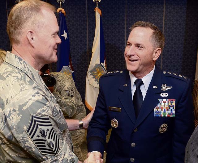 Photo by Andy Morataya  Chief Master Sgt. of the Air Force James A. Cody congratulates Air Force Chief of Staff Gen. David L. Goldfein after the general was sworn in during a ceremony at the Pentagon in Washington, D.C., July 1, 2016. Goldfein became the 21st chief of staff of the Air Force. 